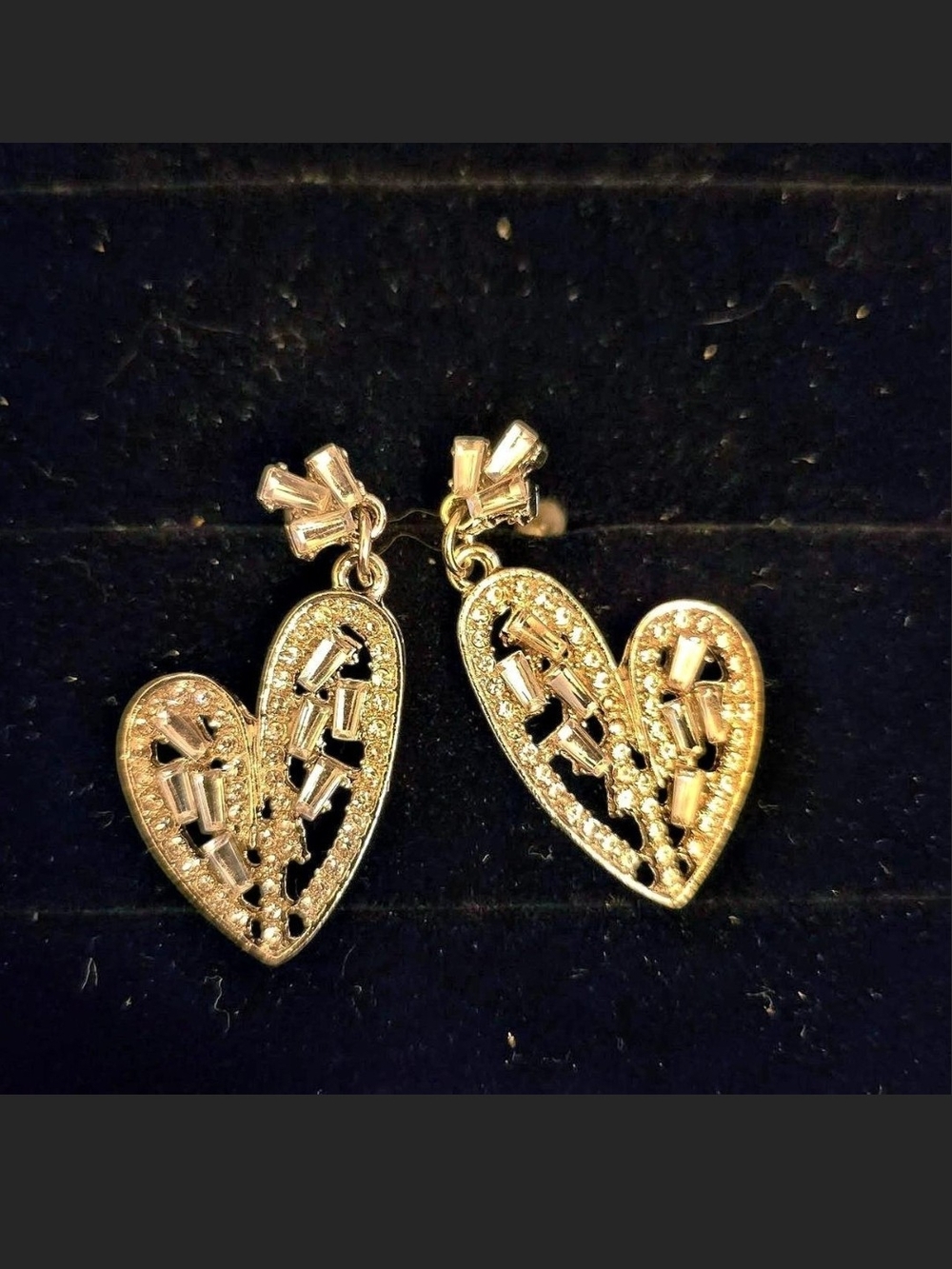 Source Unknown Gold Heart Drop Earrings with Clear Crystals